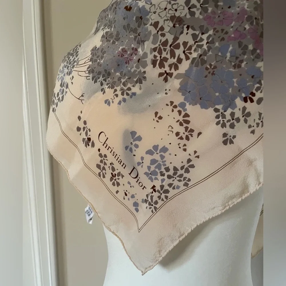 Vintage Christian Dior New Look Silk Floral Lilac Cream Square Scarf 1950s 1990s